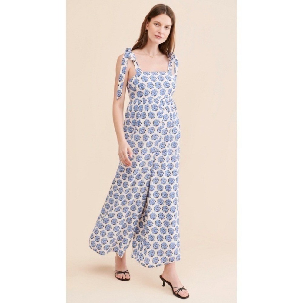 Yumi Kim Jumpsuit Blue Floral Smocked Wide Leg Size 3X Bump Friendly Baby Shower